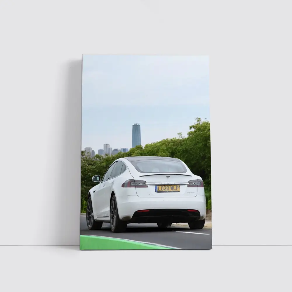 Tesla Model S White City Skyline Drive – Wall Art