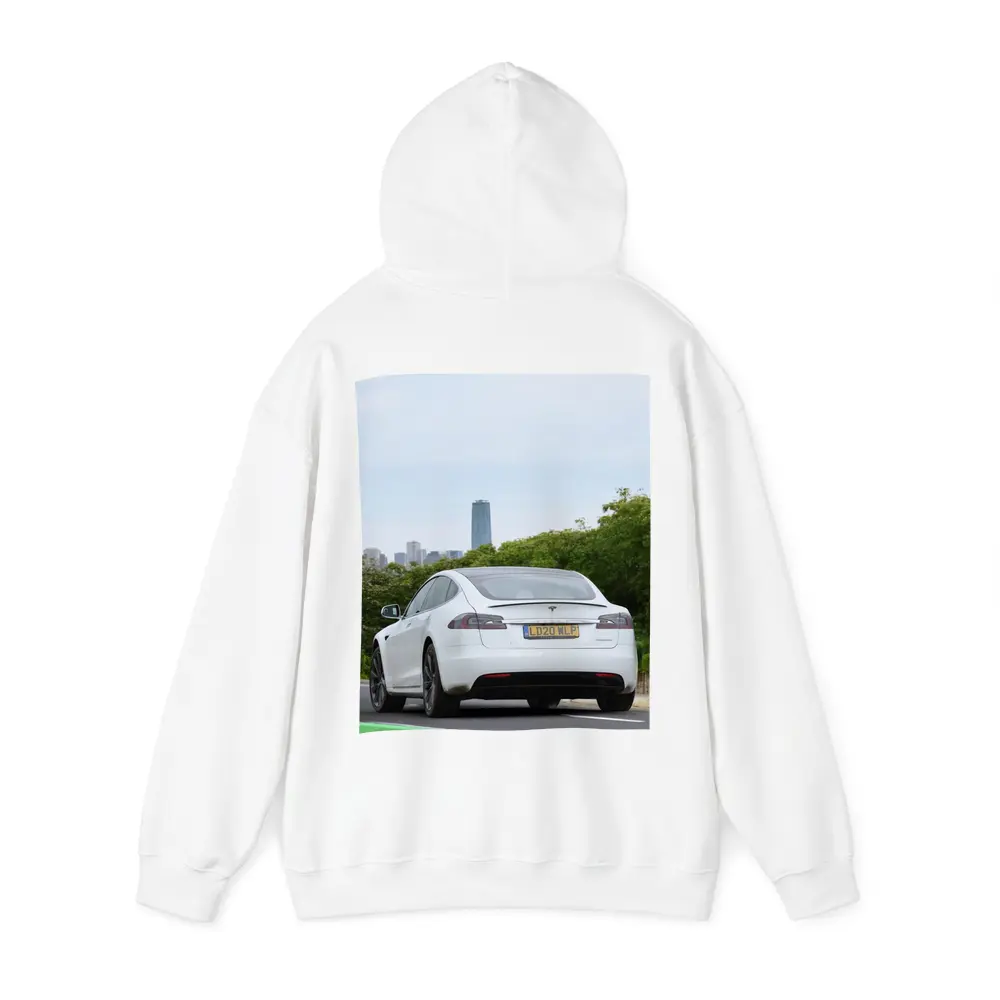 Tesla Model S White City Skyline Drive – Hoodies