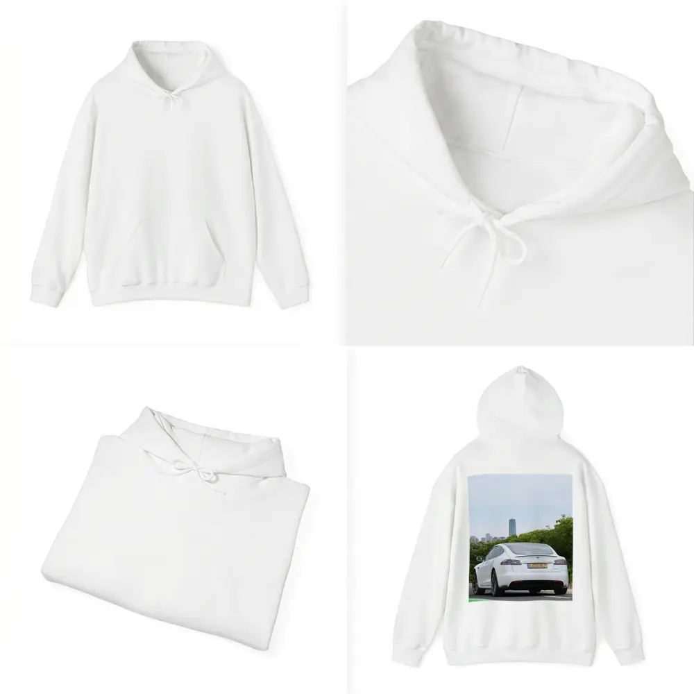 Tesla Model S White City Skyline Drive – Hoodies