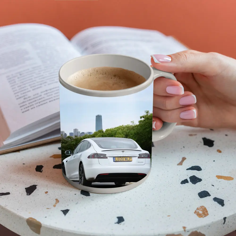 Tesla Model S White City Skyline Drive – Mugs