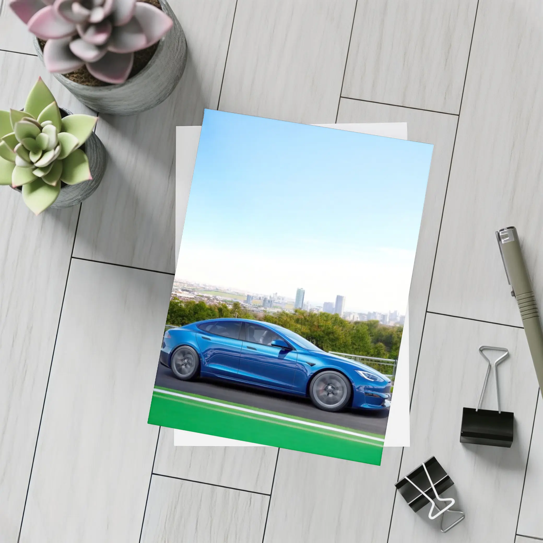 Tesla Model S Blue City Skyline Drive – Postcards