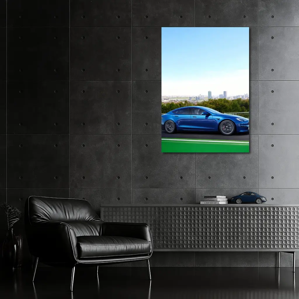 Tesla Model S Blue City Skyline Drive – Wall Art