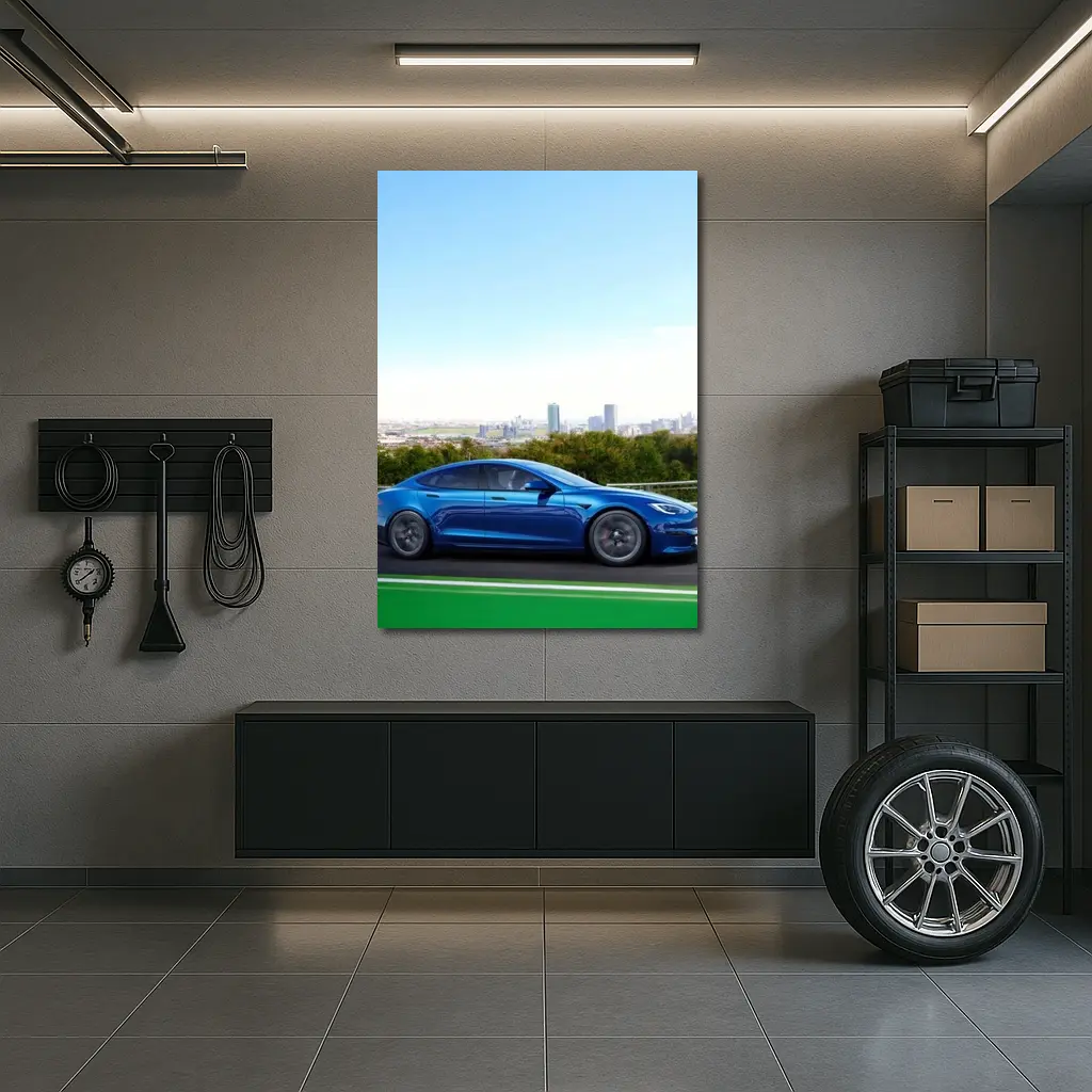Tesla Model S Blue City Skyline Drive – Wall Art