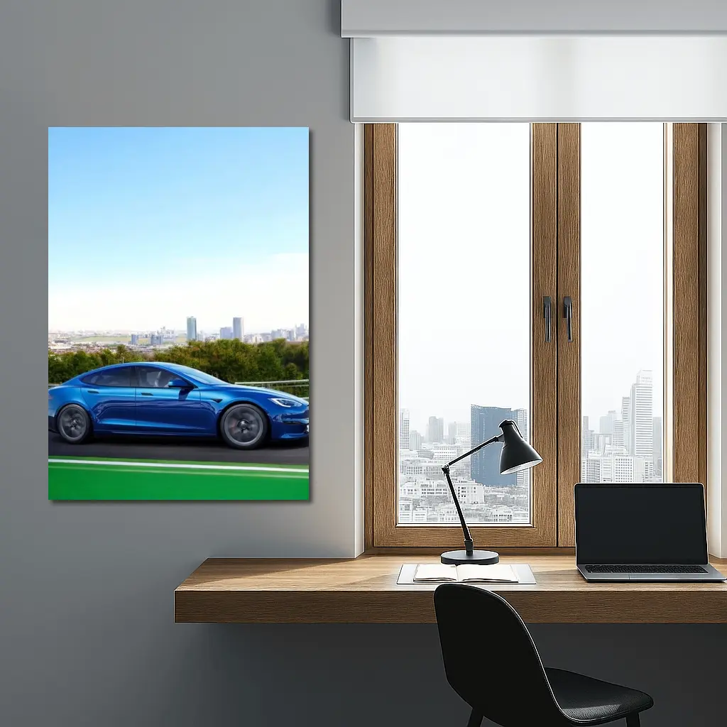 Tesla Model S Blue City Skyline Drive – Wall Art