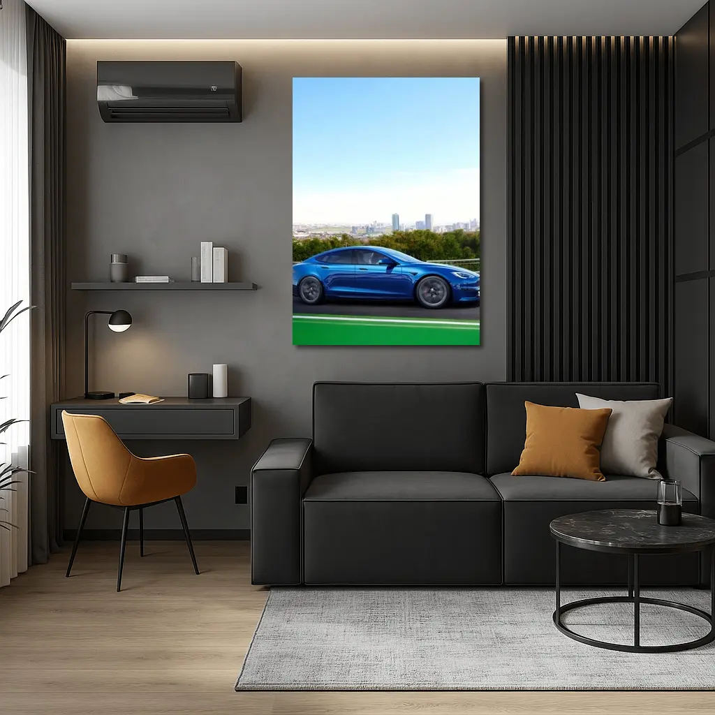 Tesla Model S Blue City Skyline Drive – Wall Art
