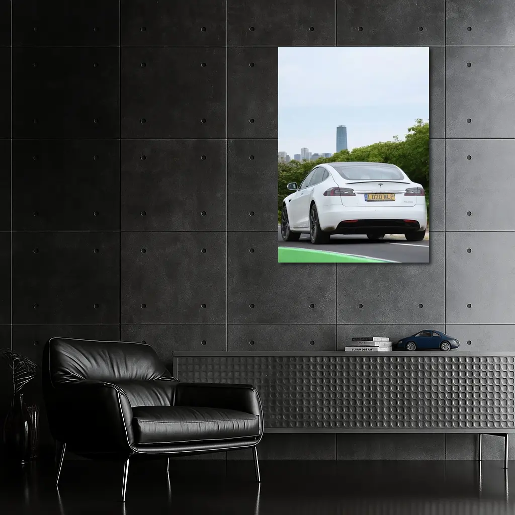 Tesla Model S White City Skyline Drive – Wall Art