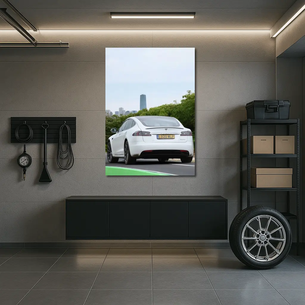 Tesla Model S White City Skyline Drive – Wall Art