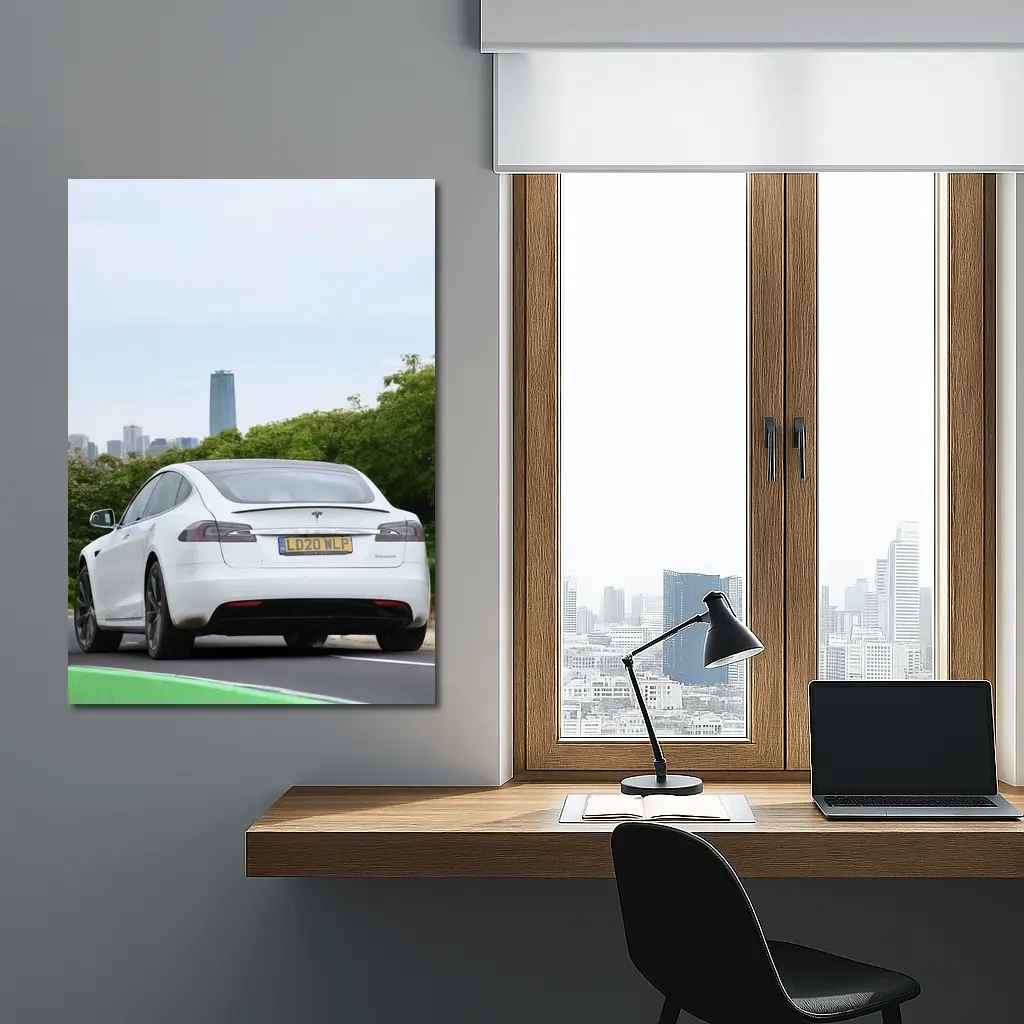 Tesla Model S White City Skyline Drive – Wall Art