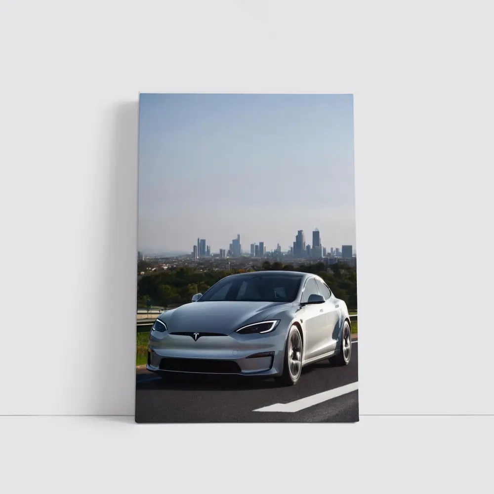 Tesla Model S Silver City Skyline Background – Wall Art