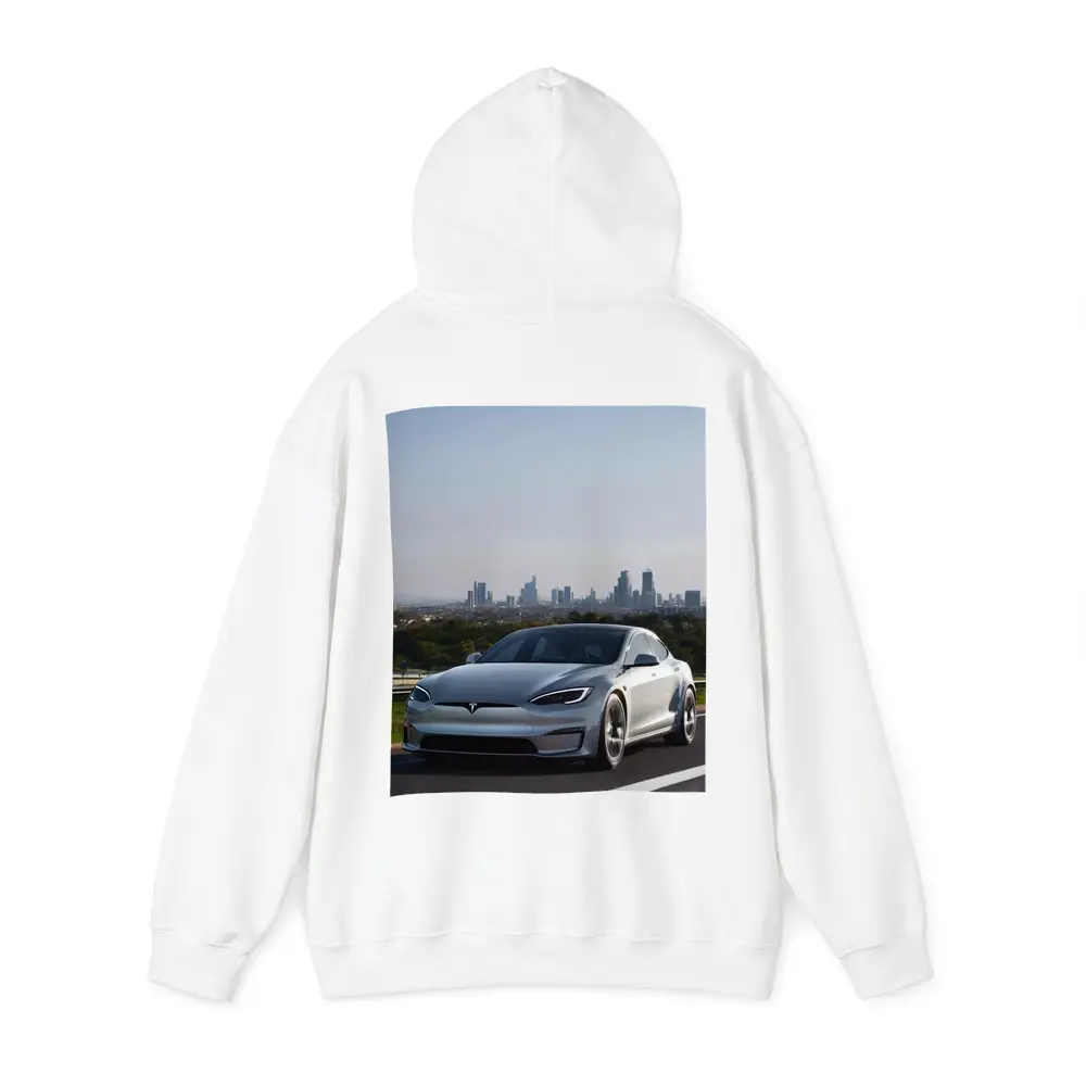 Tesla Model S Silver City Skyline Background – Hoodies