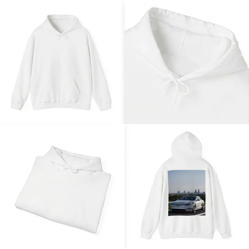 Tesla Model S Silver City Skyline Background – Hoodies