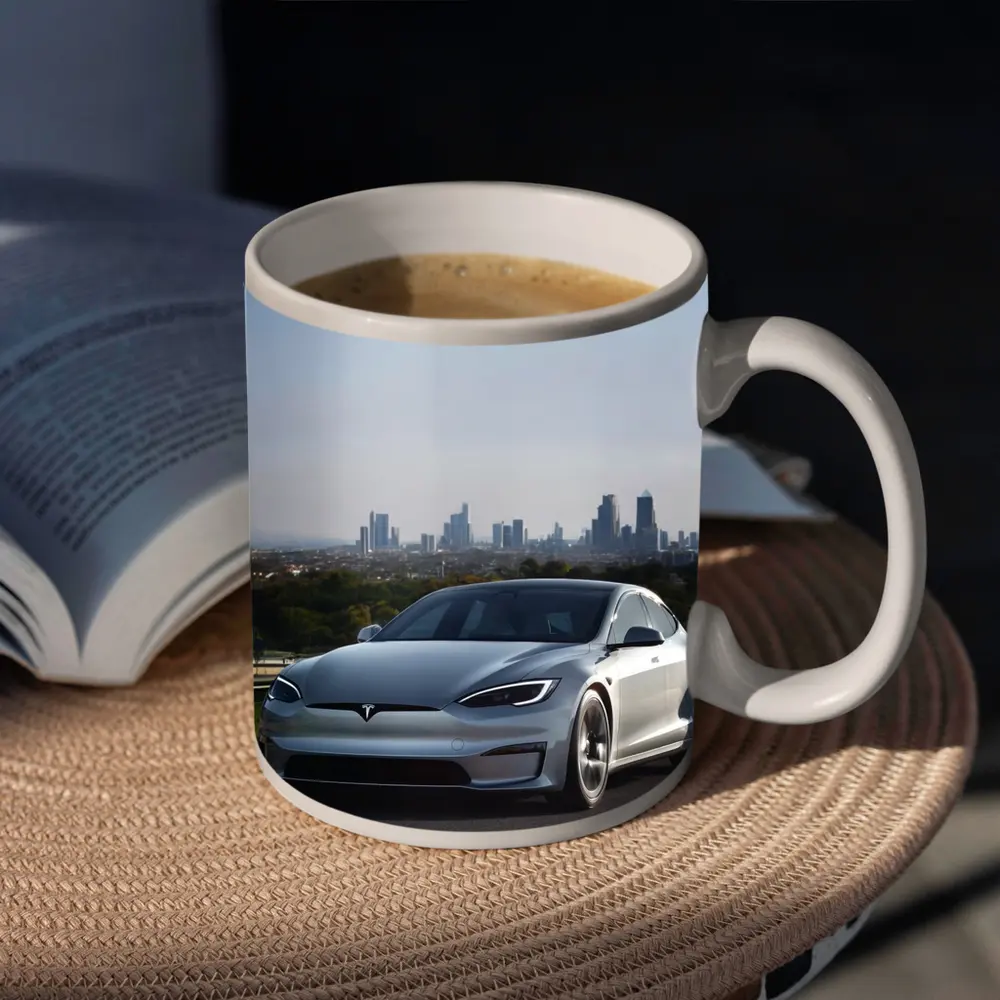 Tesla Model S Silver City Skyline Background – Mugs