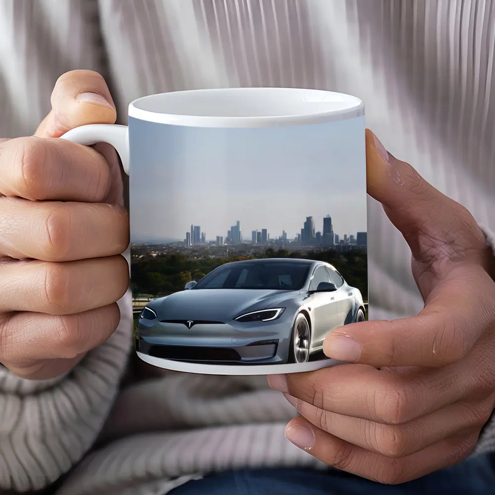 Tesla Model S Silver City Skyline Background – Mugs
