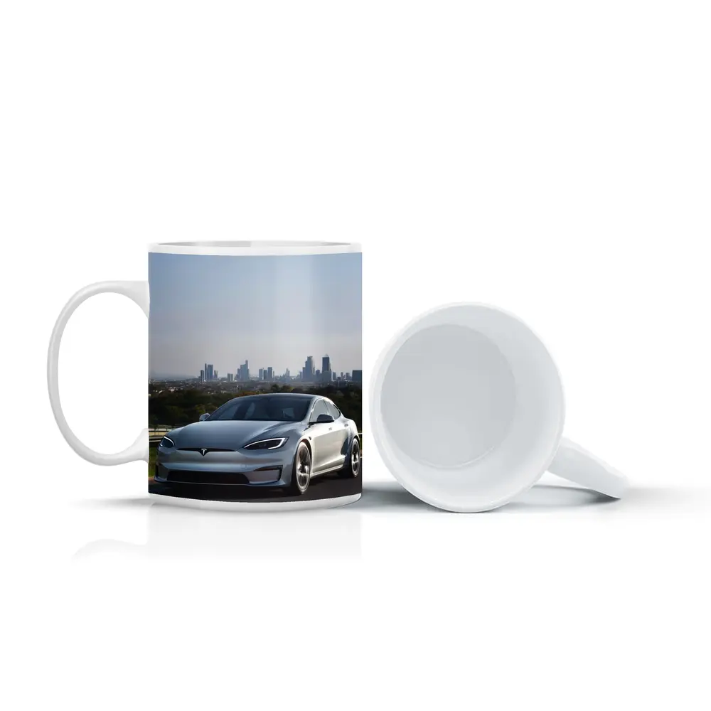 Tesla Model S Silver City Skyline Background – Mugs