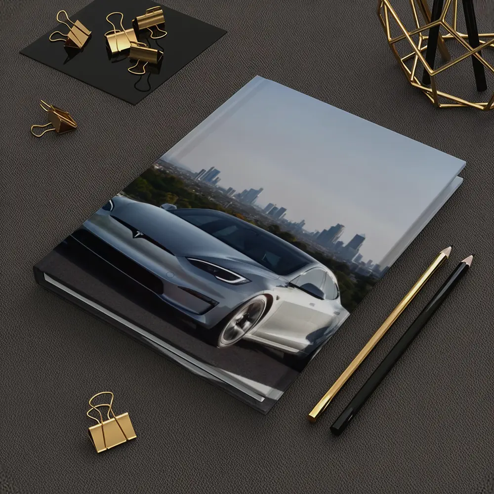 Tesla Model S Silver City Skyline Background – Notebooks