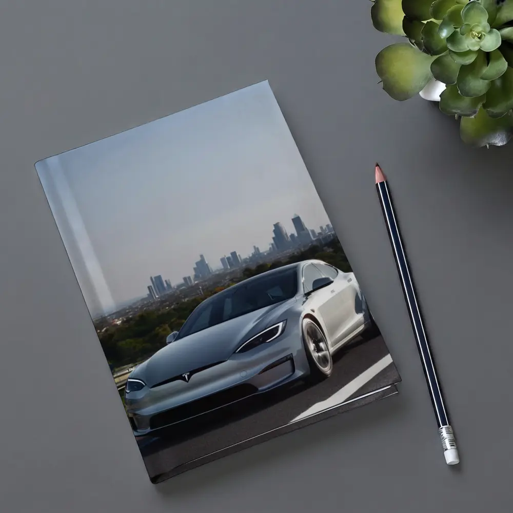 Tesla Model S Silver City Skyline Background – Notebooks