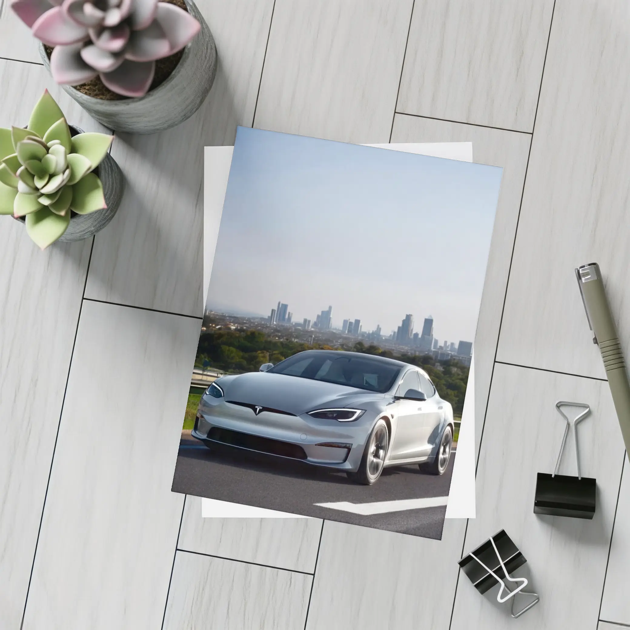 Tesla Model S Silver City Skyline Background – Postcards