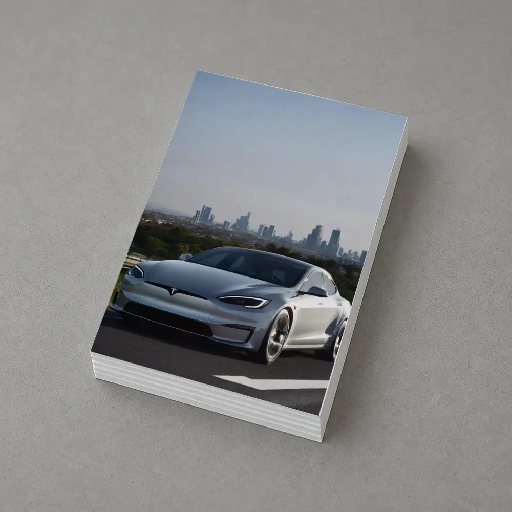 Tesla Model S Silver City Skyline Background – Postcards