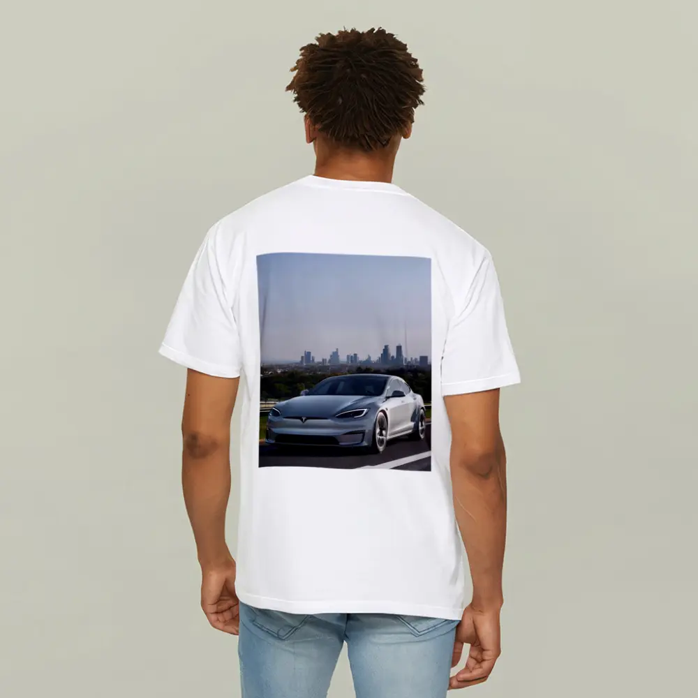 Tesla Model S Silver City Skyline Background – T-Shirts