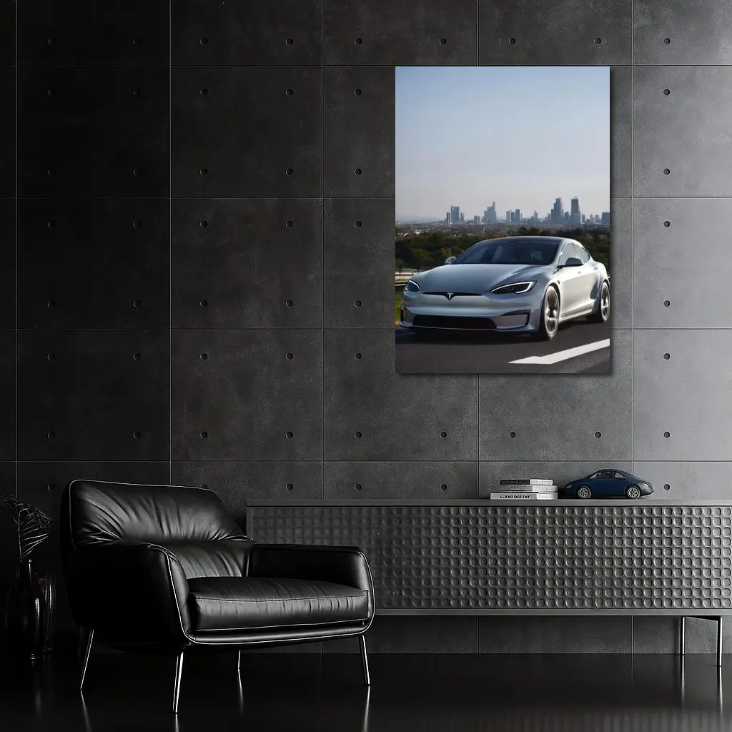 Tesla Model S Silver City Skyline Background – Wall Art