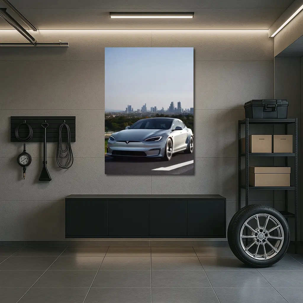 Tesla Model S Silver City Skyline Background – Wall Art