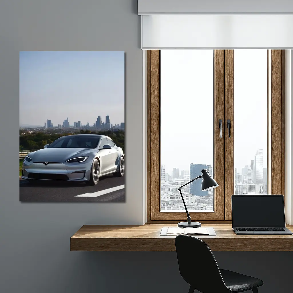 Tesla Model S Silver City Skyline Background – Wall Art