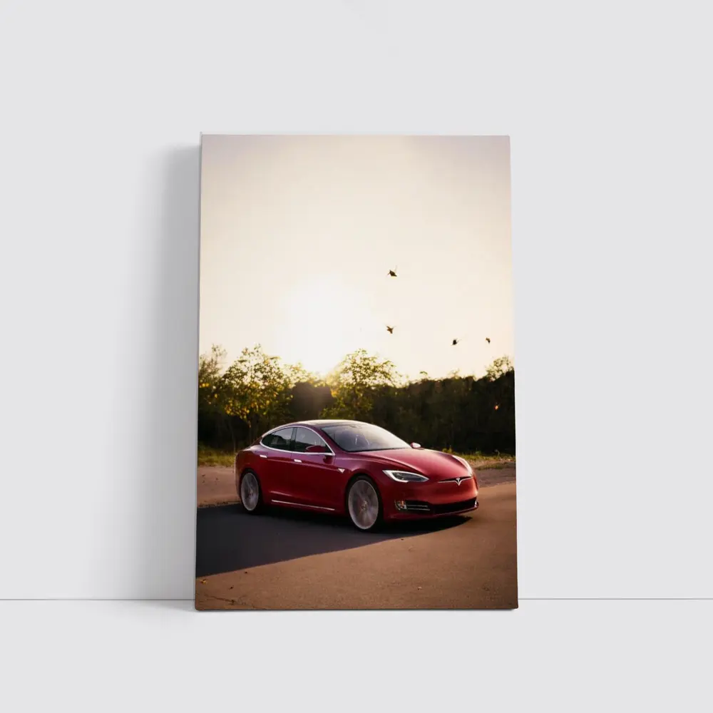 Tesla Model S Red Car Sunset Trees – Wall Art
