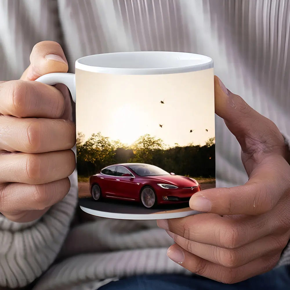 Tesla Model S Red Car Sunset Trees – Mugs