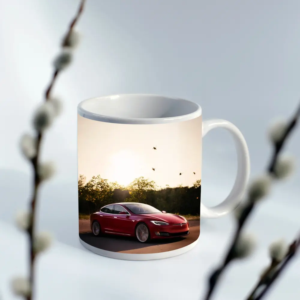 Tesla Model S Red Car Sunset Trees – Mugs