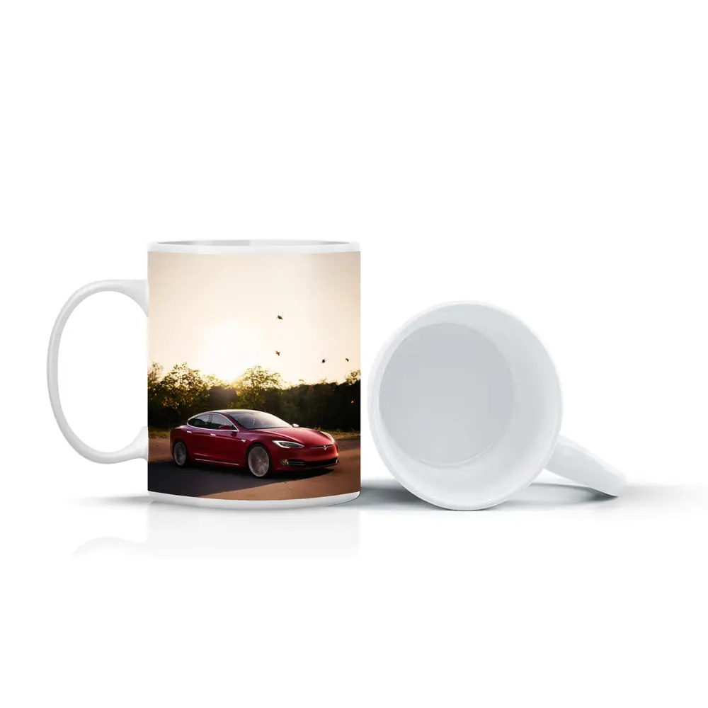 Tesla Model S Red Car Sunset Trees – Mugs