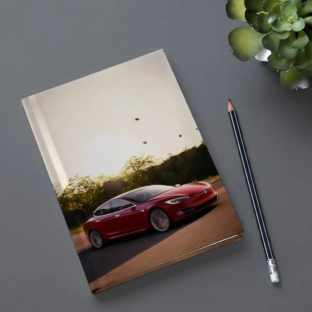 Tesla Model S Red Car Sunset Trees – Notebooks