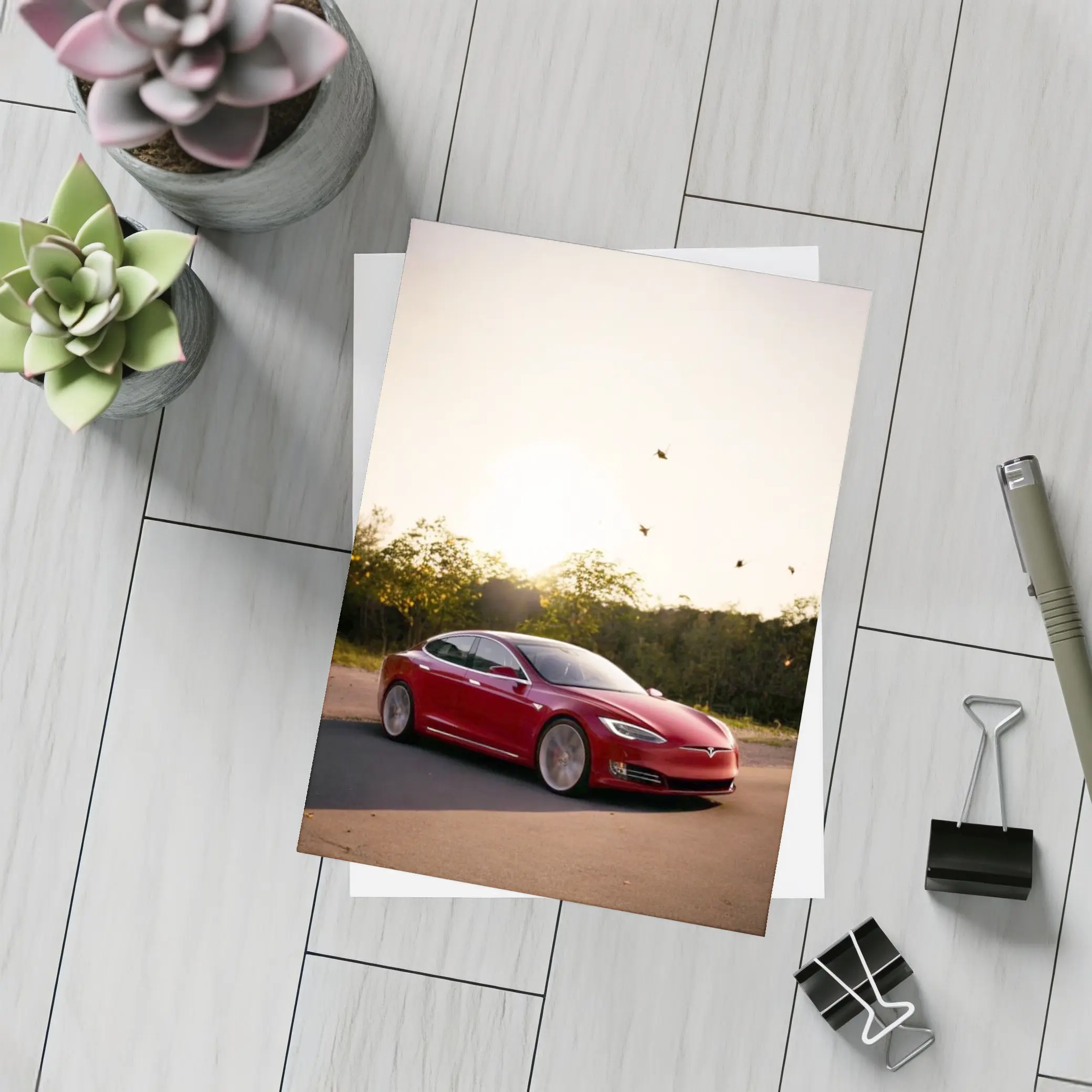 Tesla Model S Red Car Sunset Trees – Postcards