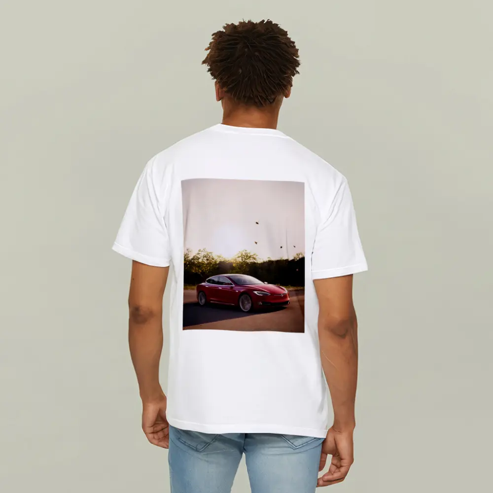 Tesla Model S Red Car Sunset Trees – T-Shirts