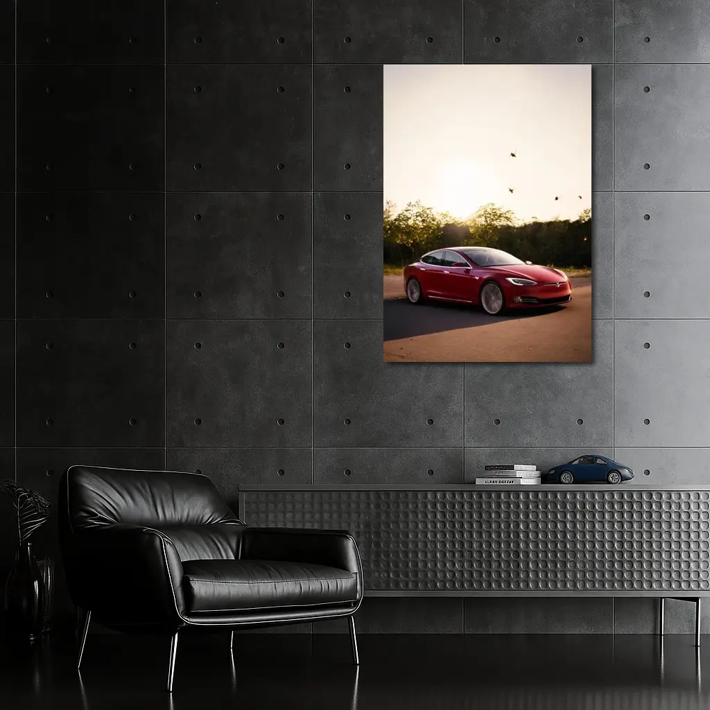 Tesla Model S Red Car Sunset Trees – Wall Art
