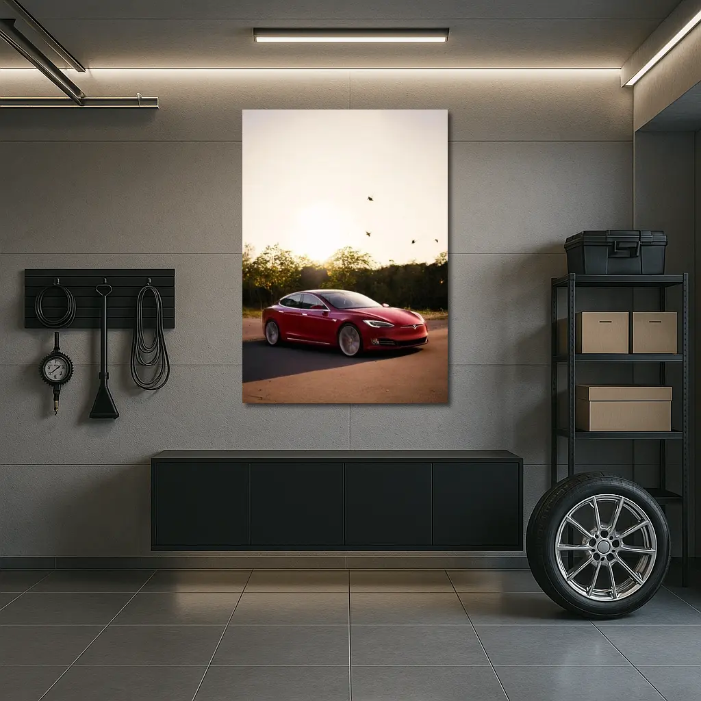 Tesla Model S Red Car Sunset Trees – Wall Art