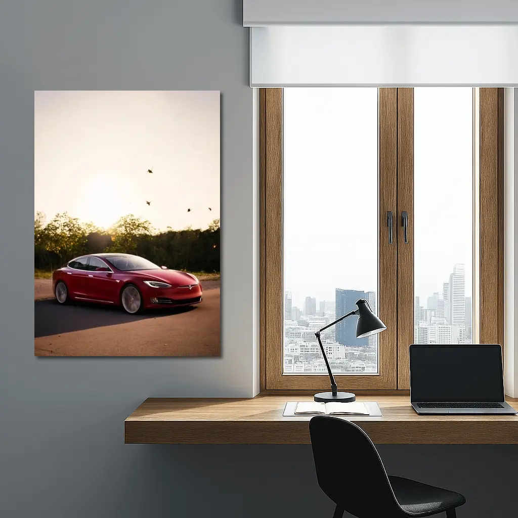 Tesla Model S Red Car Sunset Trees – Wall Art