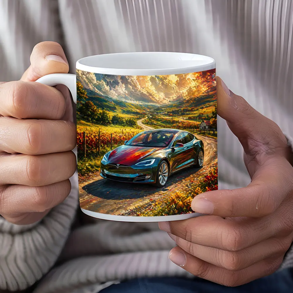 Tesla Model S Colorful Countryside Road Art – Mugs