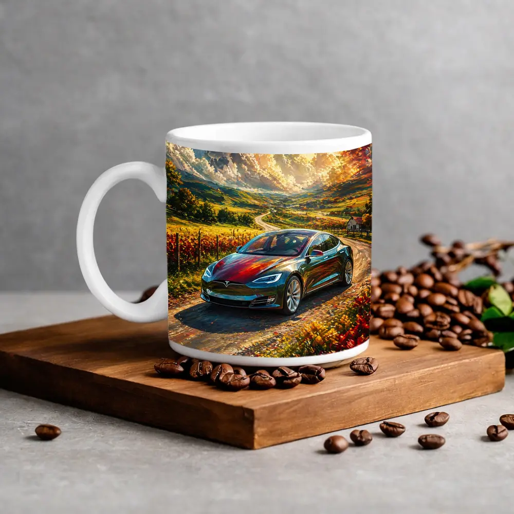Tesla Model S Colorful Countryside Road Art – Mugs