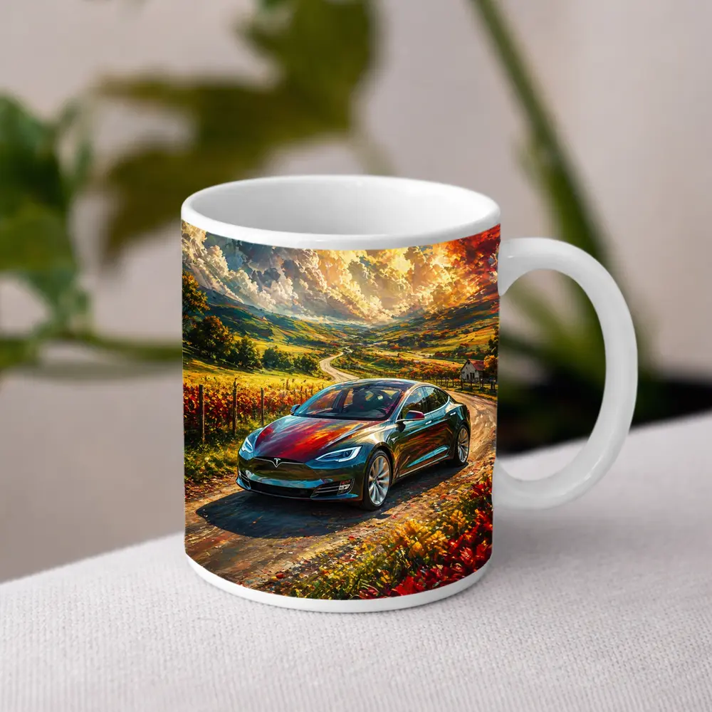 Tesla Model S Colorful Countryside Road Art – Mugs