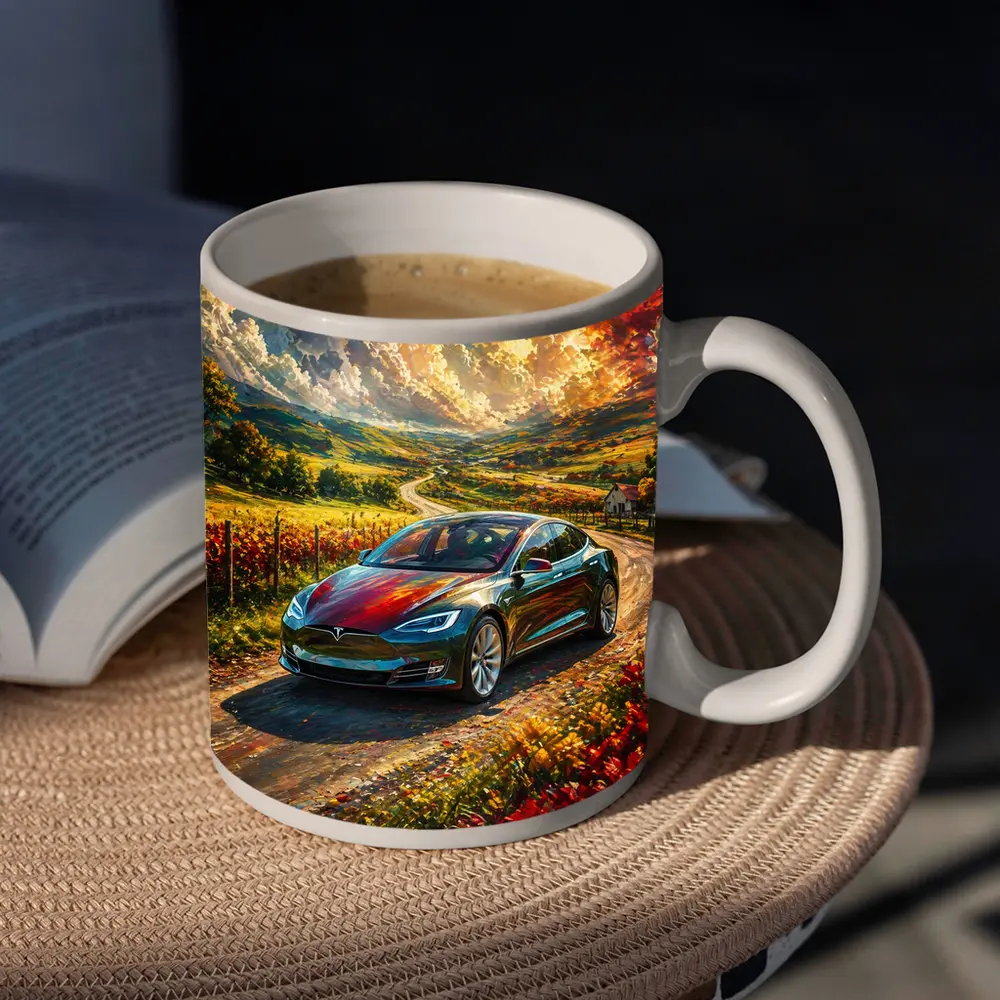Tesla Model S Colorful Countryside Road Art – Mugs