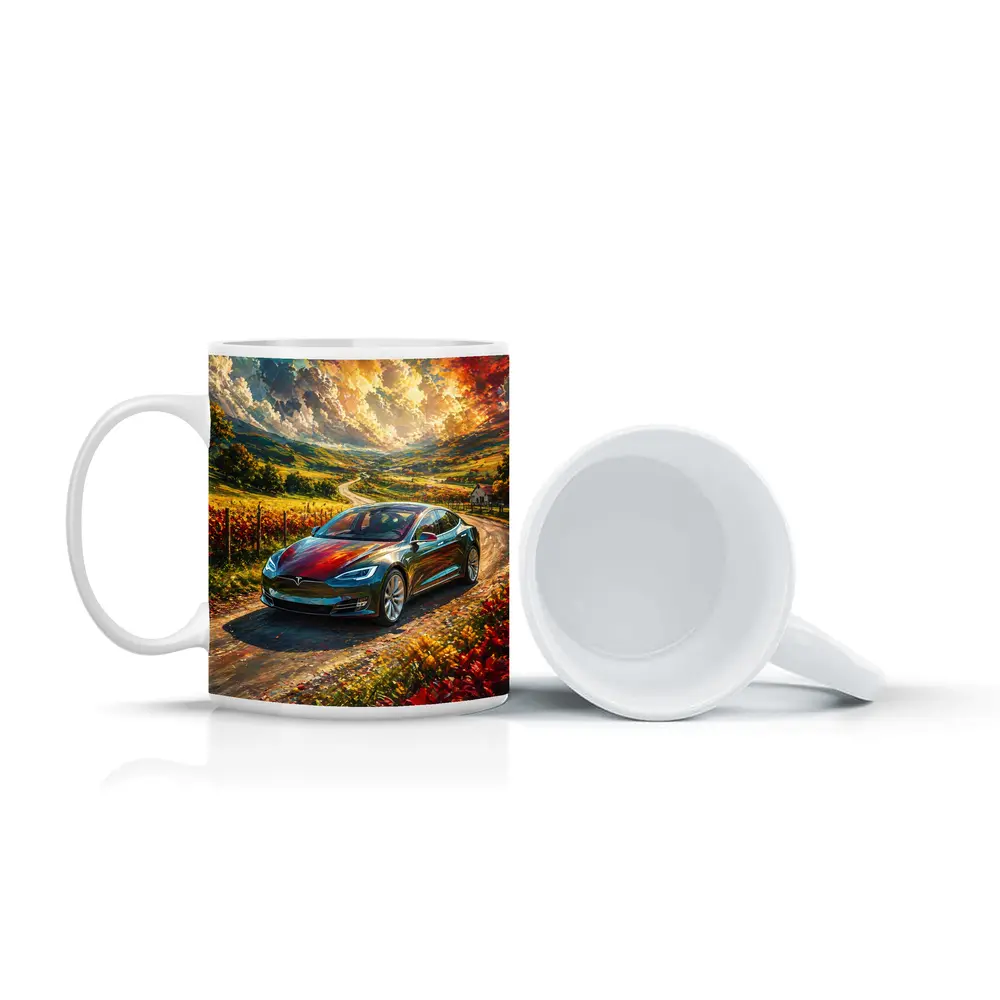 Tesla Model S Colorful Countryside Road Art – Mugs