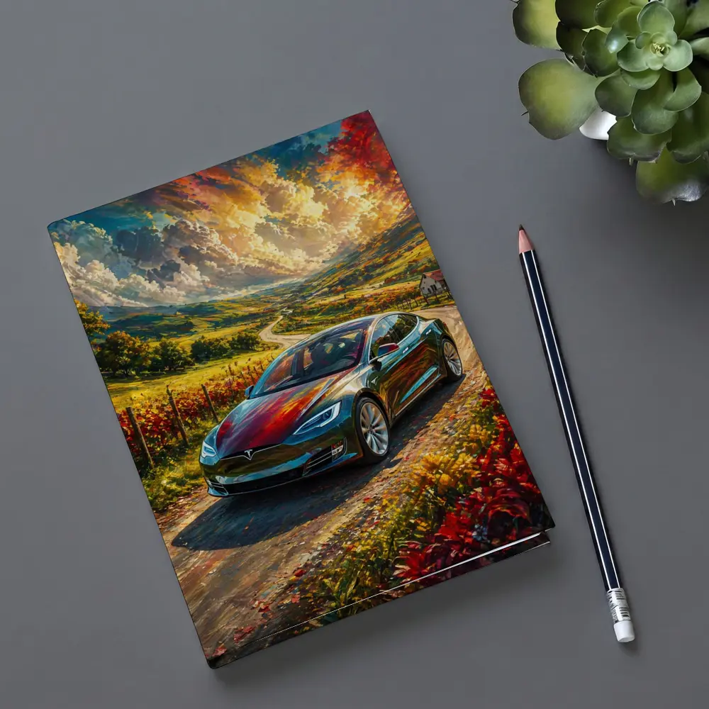 Tesla Model S Colorful Countryside Road Art – Notebooks