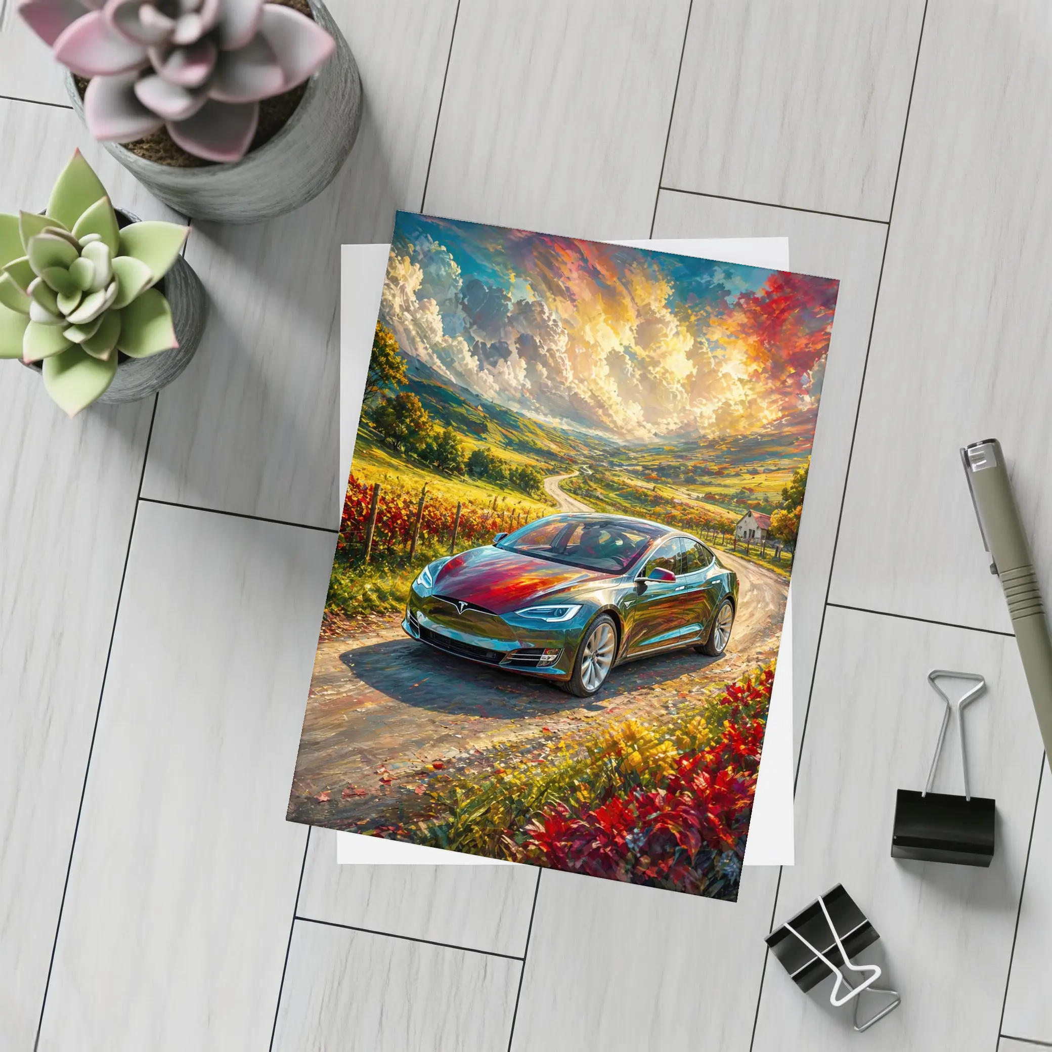Tesla Model S Colorful Countryside Road Art – Postcards