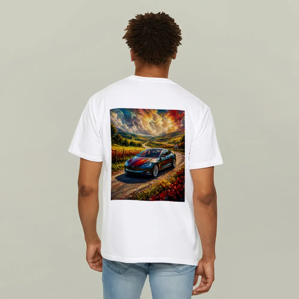 Tesla Model S Colorful Countryside Road Art – T-Shirts