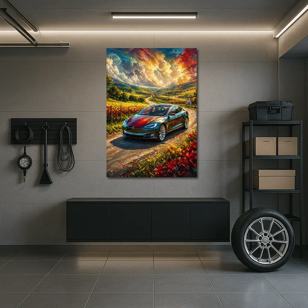 Tesla Model S Colorful Countryside Road Art – Wall Art