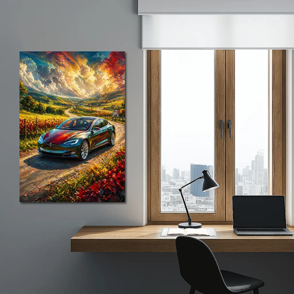 Tesla Model S Colorful Countryside Road Art – Wall Art