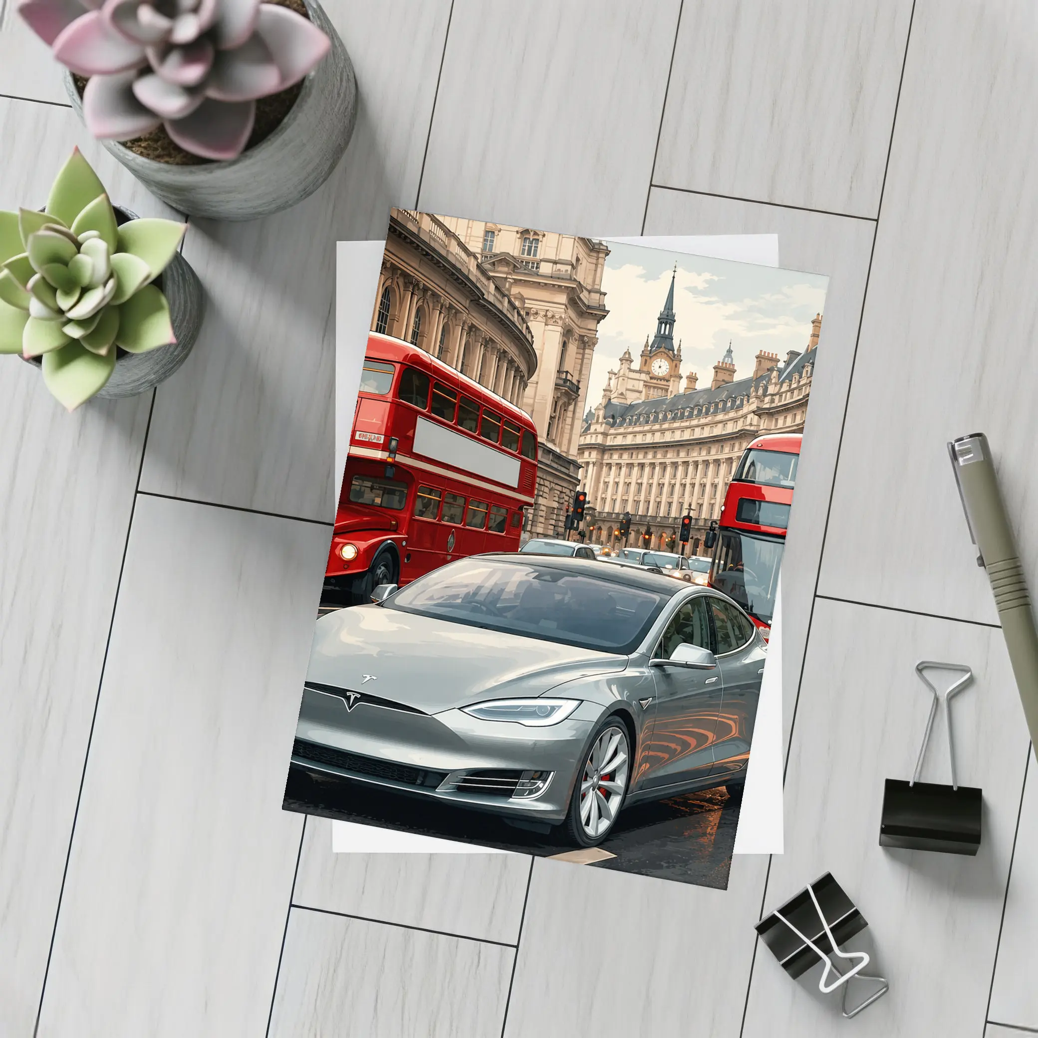 Tesla Model S London Double Decker Buses – Postcards