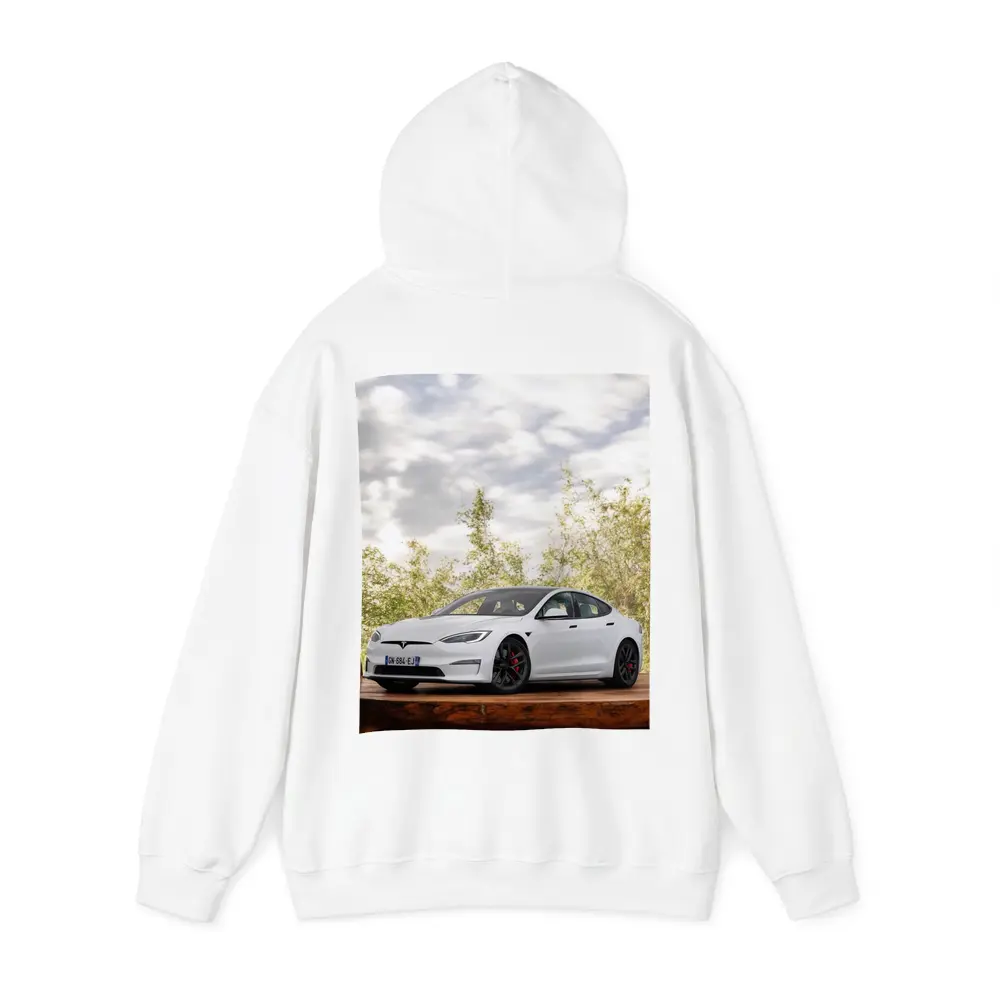 Tesla Model S White Car Outdoor Setting – Hoodies