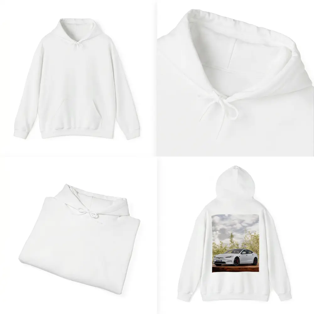 Tesla Model S White Car Outdoor Setting – Hoodies