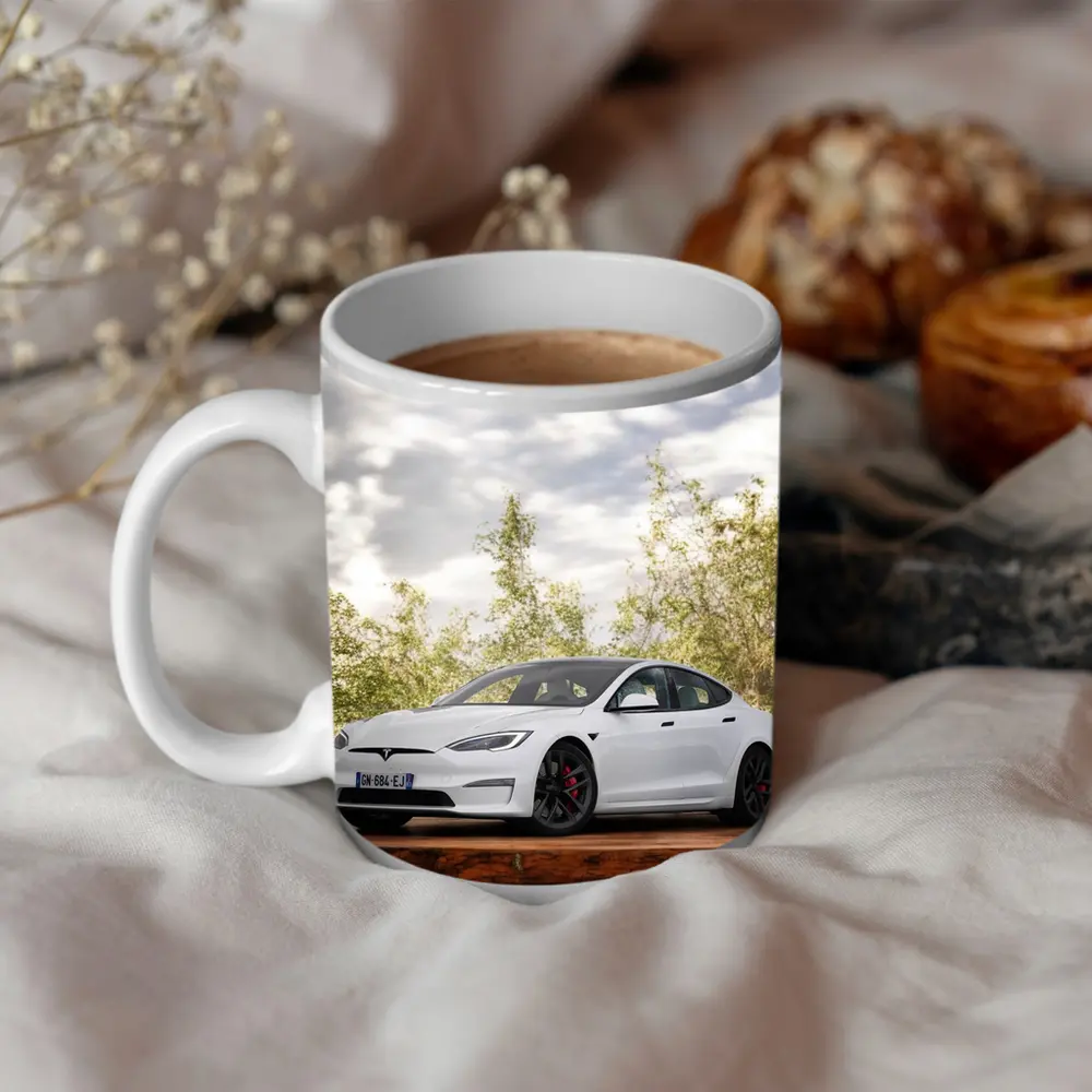 Tesla Model S White Car Outdoor Setting – Mugs